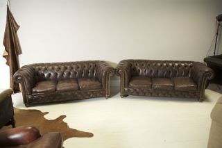 Exceptional matching Pair of Vintage Brown Leather Chesterfield Sofas