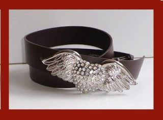crystal heart wings buckle snap on brown leather belt m