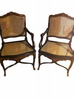 Pair Painted Antique French Chairs Louis XVI Carved Wood Cane Arm Side 
