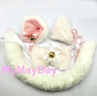 White Cat Ear Tail Bow Tie Hair Clip Cosplay Costumes LOLITA Cute 