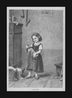 Girl Holding Her Rag Doll, antique engraving, matted, original 1888
