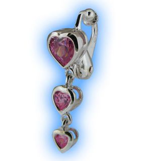 Pink Heart Trio Silver Plated Fake Belly Button Ring Non Piercing 