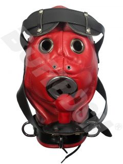 100% GENUINE LEATHER Lockable Red Mask Hood and NON TOXIC SILICONE GAG 