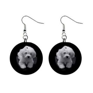 Button Earrings White Maltipoo Puppy Dog White Maltese Poodle 