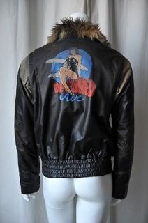 ENERGIE Mens Black Faux Leather+Fur+Pi​nup Girl Jacket Aviator Coat 