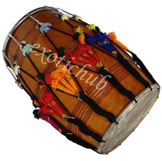 NEW PUNJABI BHANGRA DHOL DRUM~MANGO WOOD~WITH PLAYING STICKS AND 