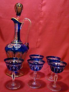 Wonderful Antique Bohemian Blue Pitcher & Matching Set of 5 Goblets