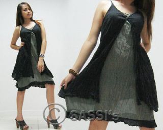 Mini Dress MWK05 Black Crinkle Cotton Boho Chic Sun Casual Girl Ladies 