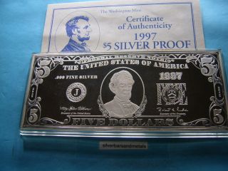 OZ 1997 $5 LINCOLN 999 SILVER MONEY CURRENCY BAR RARE COOL XMAS GIFT 