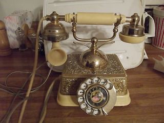 VINT ANTIQUE PHONE GOLD & CREAM COLOR ROTARY DIAL COLONIAL DESIGN 