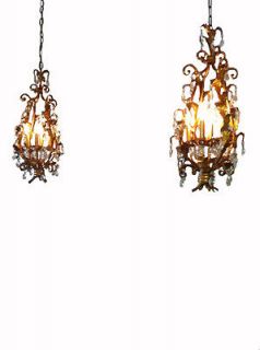 Pair antique Hollywood regency gilt tole crystal chandeliers   gold 