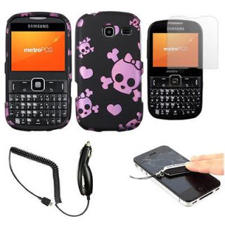 Pink Cute Skull Hard Cover Case+Car Charger+Film for Samsung R380 