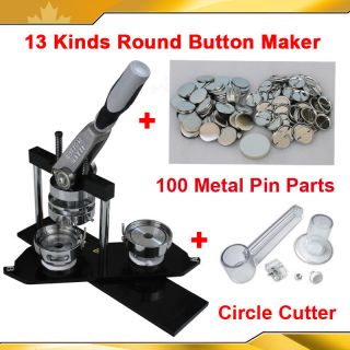13Kind Pro Badge Button Maker Machine+Circle Cutter+100 Pinback Parts 