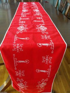 7ft long Christmas Table Runner Embroidered White on Red Vintage 88x14 