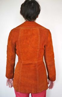 Vtg Orange 70s Suede Leather Belt Hipster Coat Jacket Small x Small 