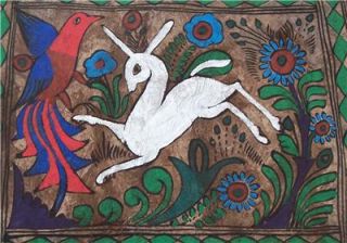   Latino Hummingbird Rabbit Amate Bark Indian Folk Art Painting