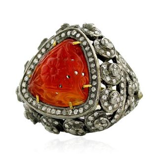 Red Agate Pave Diamond Ring 18K Gold Sterling Silver Ethnic Style 