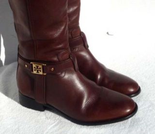 495 TORY BURCH ALESSANDRA BROWN LEATHER LOGO RIDING BOOTS SZ 8
