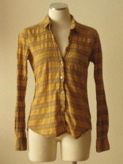  Alan Mustard Yellow Plaid Cotton Reverse Seam Button Up Blouse Top M 