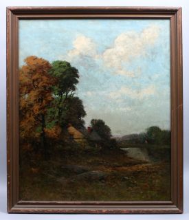   Field Listed American Landscape Female Figure Fall Oil Painting