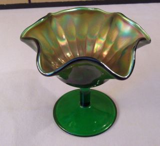 Emerald Green Carnival Glass Footed Compote Candy Dish Stippled or 