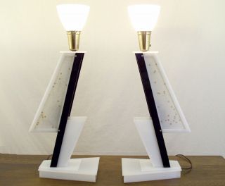Mid Century Modern Atomic Moss Plexiglass Table Lamps w/ Original 