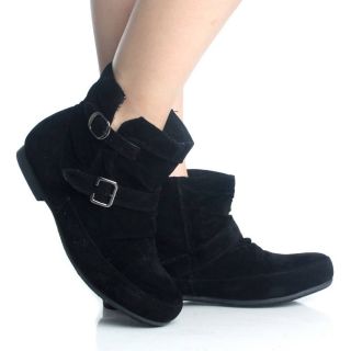 Flat Ankle Boots Winter Black Slip on Buckle Velvet Womens Booties 