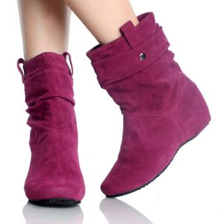 Hidden Wedge Boots Winter Ankle Fuchsia Slouch Faux Suede Womens Heels 