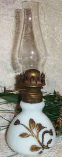 Antique Miniature Kerosene Lamp Opal Glass Raised Gold Floral + Burner 