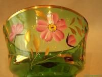   Green Glass Compote Fruit Bowl Pedestal Hand Painted Flowers