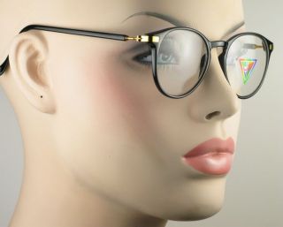 New Vintage Womens Clear Lens Eyeglasses Black Frame Gold Color Hinges 