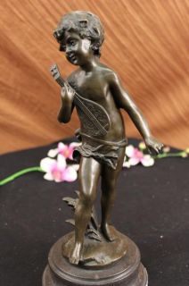 Auguste Moreau Solid Bronze Boy with Banjo Sculpture Statue Marble 