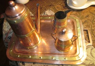 ARTS & CRAFTS SOLID COPPER & BRASS COFFEE SET with TRAY
