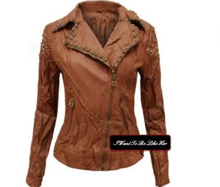 WOMENS LADIES NEW STUDDED LEATHER JACKET COAT STUDS BROWN/CAMEL
