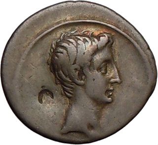 Augustus in Quadriga Triump Arch 30BC Silver Roman Coin