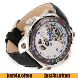 Charm White Dial Skeleton Automatic Watches Black Leather Business Men 