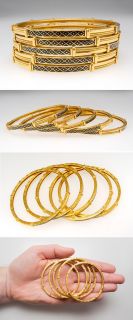 Solid 22K Gold Bangle Bracelet Set Intricate Details & Enamel Work 78 