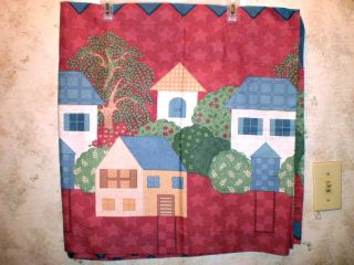 Window Curtain   (1) Red Valance with Trees and Houses 42 x 21