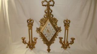 Vintage Retro Syroco Homco Ornate Wall Clock and Candle Sconces