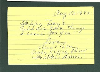 Francis Bavier Signed Note Card Aunt Bea Andy Griffith