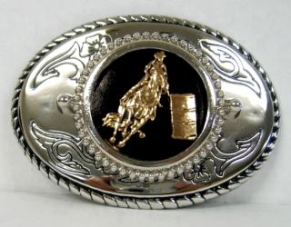 BARREL RACING RACER WESTERN BELT BUCKLE RODEO OVAL SILVER GOLD Made in 