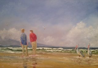   Painting Oil Canvas Art Seascape Beach Soul Mates Pelicans Rod Moore