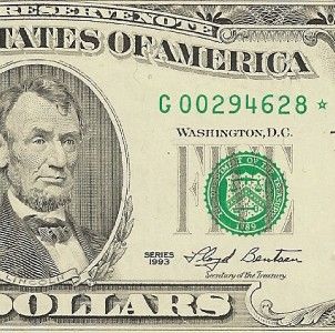 US CURRENCY 1993★ $5 FRN ★STAR★ Old Paper Money GEM CU
