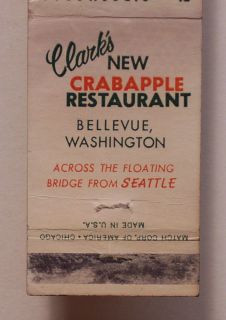 1950s Matchbook Clarks Crabapple Restaurant Bellevue WA