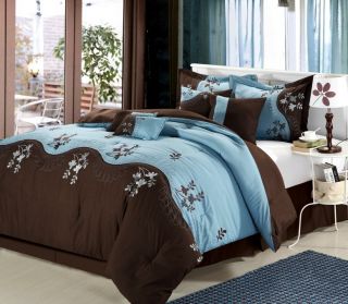 8pc Queen Luxury Comforter Bedding Set Deco Rose Brown/ Blue