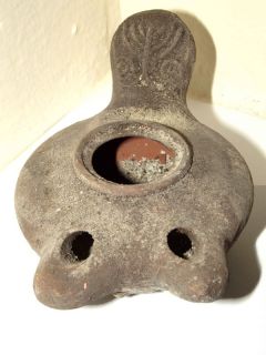 Biblical Jerusalem Oil Lamp Holy Land Antique Pottery Black Clay 