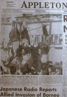 1945 newspaper Italy Dictator BENITO MUSSOLINI HANGED by ITALIANS w 
