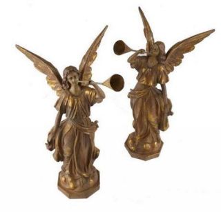 Set of 2 Antiqued Gold Trumpet 16 Angel Figurines