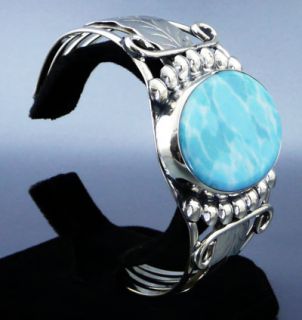 Big Sacred Turquoise Feather Design Cuff Bracelet Mexican Silver