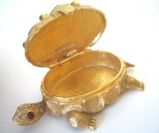 Vintage Polly Bergen Pill Box Turtle Snuff Box Lip Gloss Red Cabochons 
